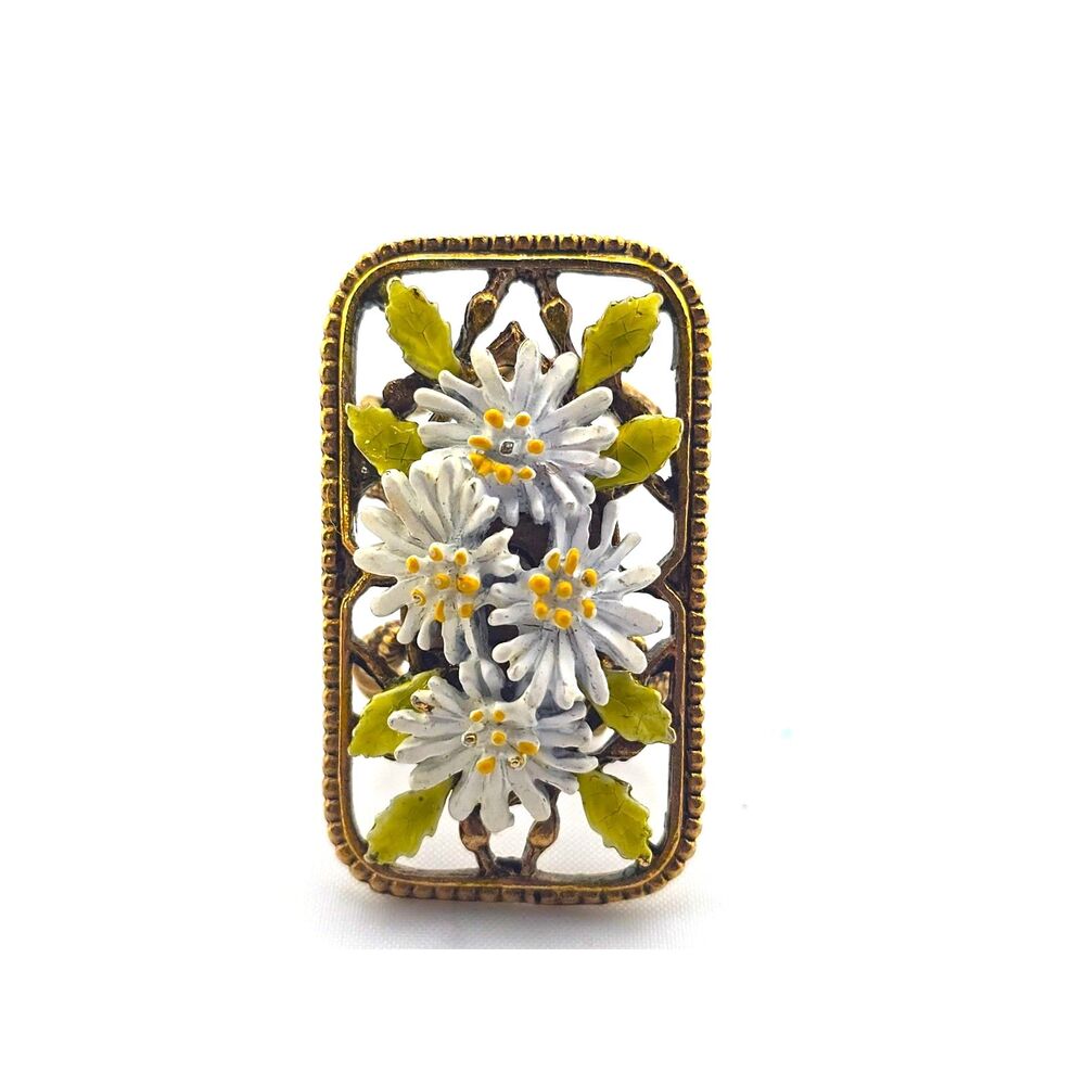 Vintage Scarf Holder Clip Enamel Flowers Marked ART Brand MCM Gold Tone Jewelry